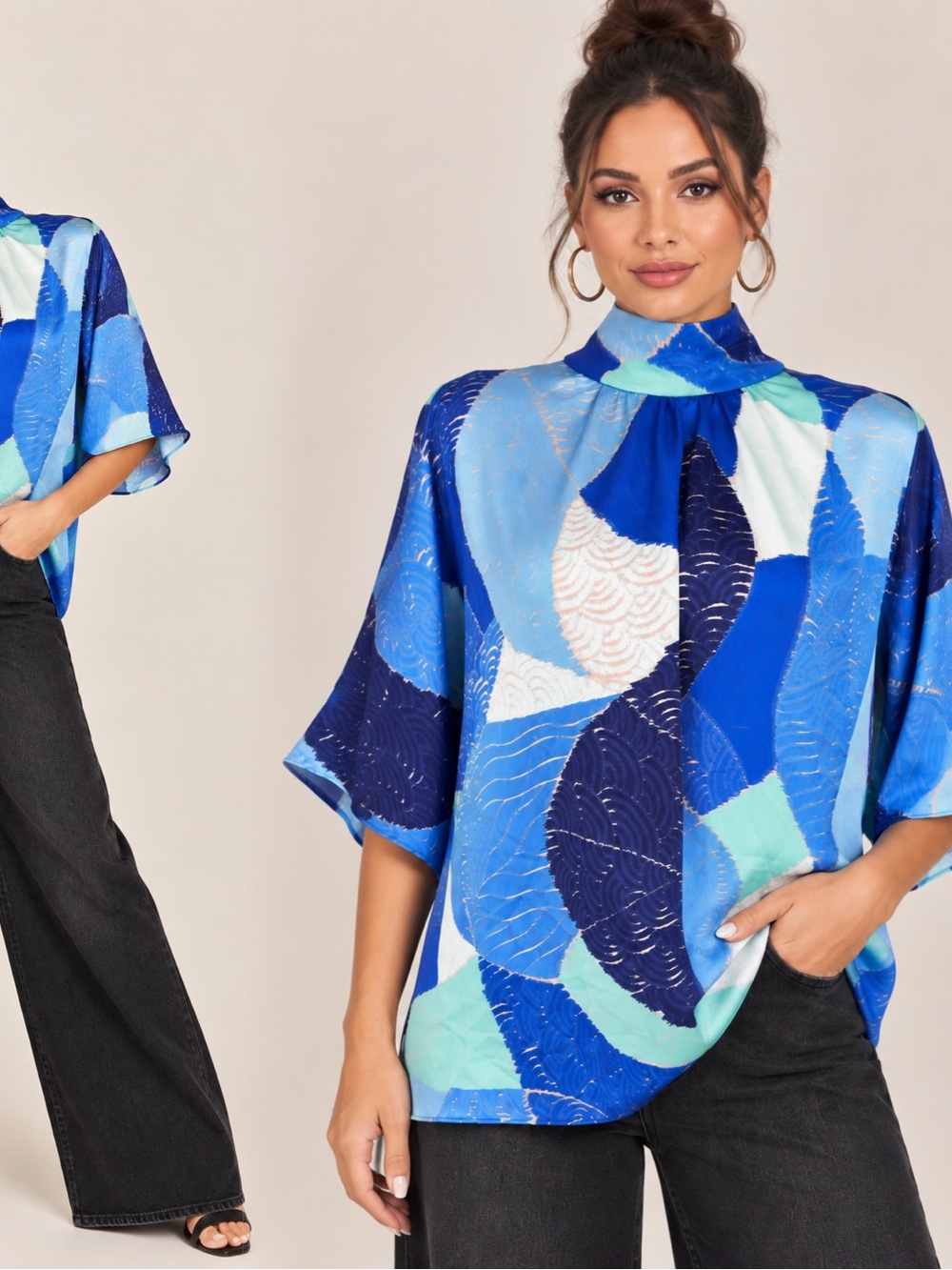entro Blue Multi Abstract Print Satin Tie-Neck Blouse